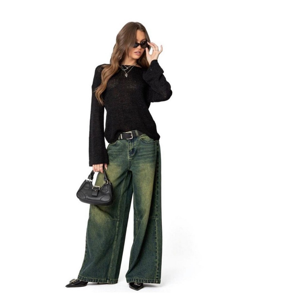 Edikted Women Yellow Sand Wash Wide Leg Baggy Jeans Teal Indigo Size S